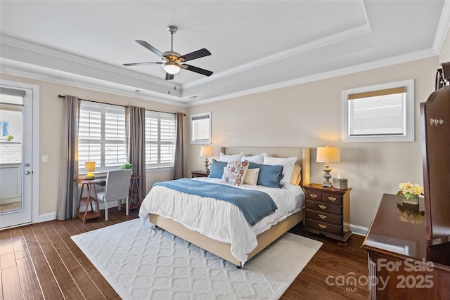 4928 Providence Country Club Dr, Charlotte, NC 28277 - bedroom with a tray ceiling, dark wood finished floors, ornamental molding, and a ceiling fan