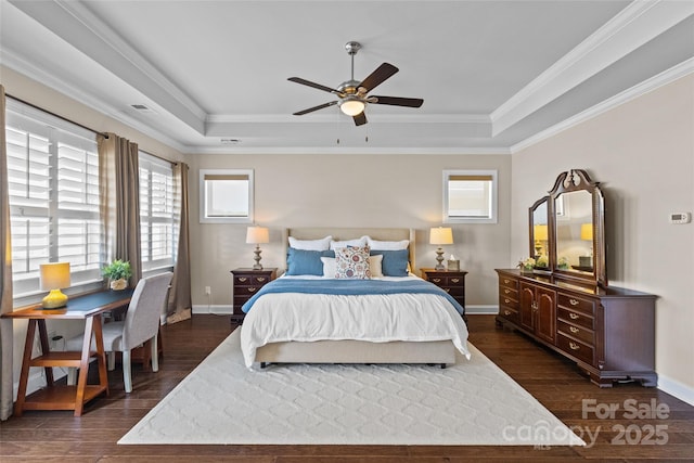 4928 Providence Country Club Dr, Charlotte, NC 28277 - bedroom featuring a raised ceiling, dark wood finished floors, ornamental molding, and a ceiling fan
