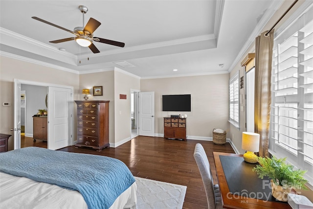 4928 Providence Country Club Dr, Charlotte, NC 28277 - bedroom with a raised ceiling, wood finished floors, ornamental molding, ceiling fan, and recessed lighting