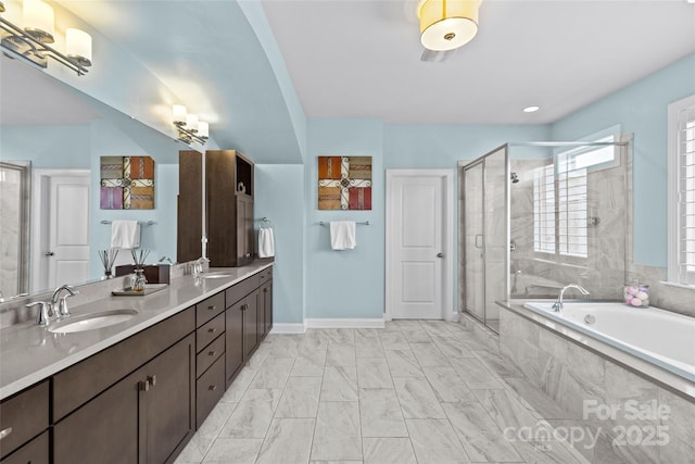 4928 Providence Country Club Dr, Charlotte, NC 28277 - bathroom featuring a bath, double vanity, a shower stall, and marble finish floors