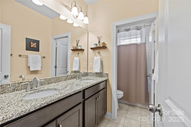 4928 Providence Country Club Dr, Charlotte, NC 28277 - full bathroom with double vanity, tile patterned floors, and a shower with curtain