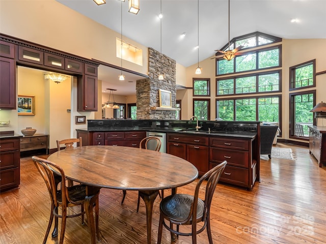 935 Whites Lake Blvd, Saluda, NC 28773 - dining area featuring light wood finished floors, plenty of natural light, high vaulted ceiling, and ceiling fan