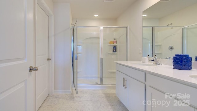 12 Wildbrook Dr, Waynesville, NC 28785 - bathroom featuring a shower stall, double vanity, tile patterned flooring, and recessed lighting