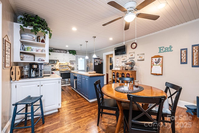 2035 Kool Park Rd NE, Hickory, NC 28601 - dining space featuring wooden ceiling, dark wood-style flooring, crown molding, recessed lighting, and ceiling fan