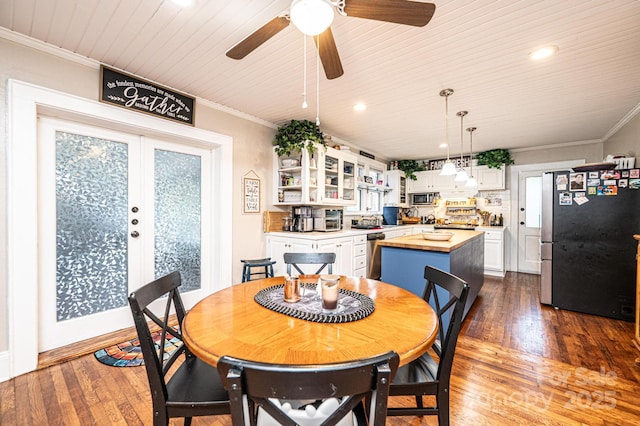 2035 Kool Park Rd NE, Hickory, NC 28601 - dining room with wooden ceiling, dark wood-style floors, recessed lighting, french doors, and ceiling fan