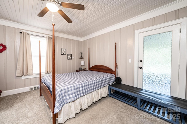 2035 Kool Park Rd NE, Hickory, NC 28601 - bedroom featuring carpet floors, crown molding, wooden ceiling, and a ceiling fan