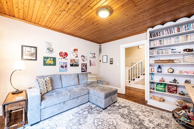 2035 Kool Park Rd NE, Hickory, NC 28601 - living area featuring wood finished floors, wooden ceiling, stairs, a textured wall, and ornamental molding
