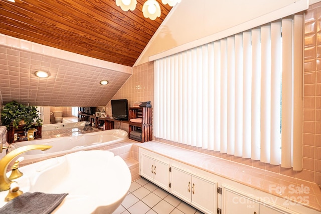 2035 Kool Park Rd NE, Hickory, NC 28601 - full bath featuring lofted ceiling, tile patterned flooring, a bath, tile walls, and wooden ceiling