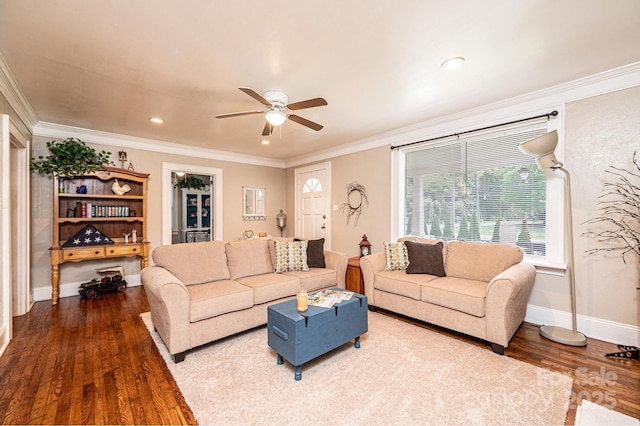2035 Kool Park Rd NE, Hickory, NC 28601 - living area with wood finished floors, crown molding, a ceiling fan, and recessed lighting