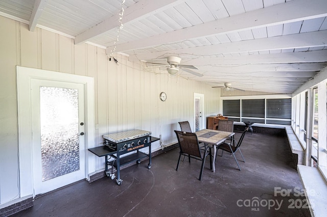 2035 Kool Park Rd NE, Hickory, NC 28601 - sunroom featuring outdoor dining space, ceiling fan, and beamed ceiling