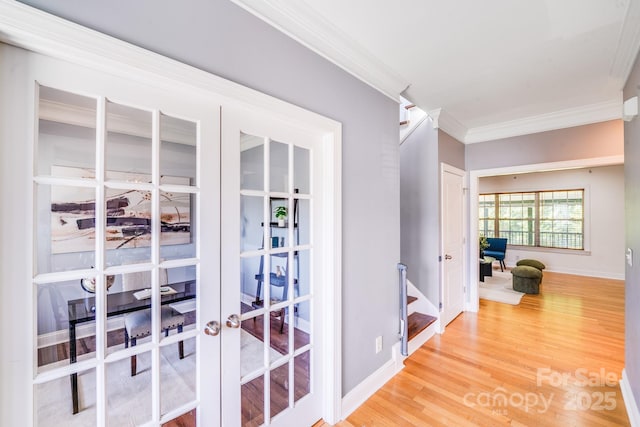 4525 Chestwood Ct, Rock Hill, SC 29732 - corridor with french doors, ornamental molding, and light wood-style flooring