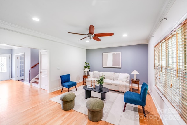 4525 Chestwood Ct, Rock Hill, SC 29732 - living room featuring stairs, wood finished floors, recessed lighting, a ceiling fan, and ornamental molding