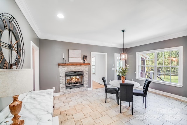 4525 Chestwood Ct, Rock Hill, SC 29732 - dining space with a multi sided fireplace, ornamental molding, and recessed lighting