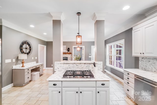 4525 Chestwood Ct, Rock Hill, SC 29732 - kitchen featuring stainless steel appliances, ornamental molding, backsplash, decorative light fixtures, and white cabinetry