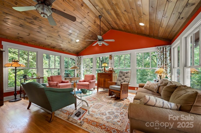 85 Red Bird Rd, Tryon, NC 28782 - living room featuring a ceiling fan, vaulted ceiling, light wood-style flooring, wooden ceiling, and recessed lighting