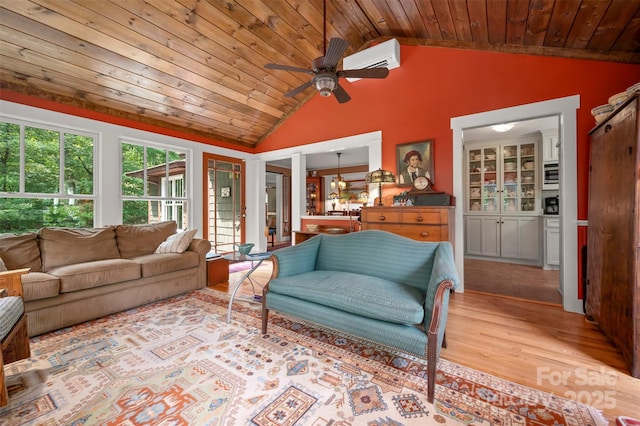 85 Red Bird Rd, Tryon, NC 28782 - living area featuring vaulted ceiling, wood ceiling, wood finished floors, and ceiling fan