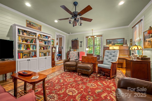 85 Red Bird Rd, Tryon, NC 28782 - living area featuring wood finished floors, ornamental molding, ceiling fan, wooden walls, and recessed lighting