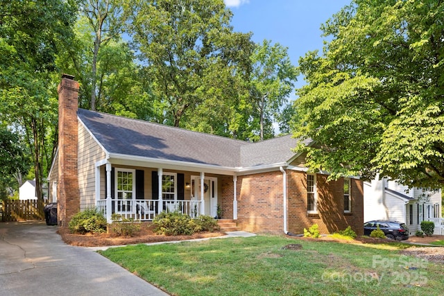 8806 Golf Ridge Dr, Charlotte, NC 28277 - ranch-style house featuring a porch, a chimney, brick siding, and roof with shingles
