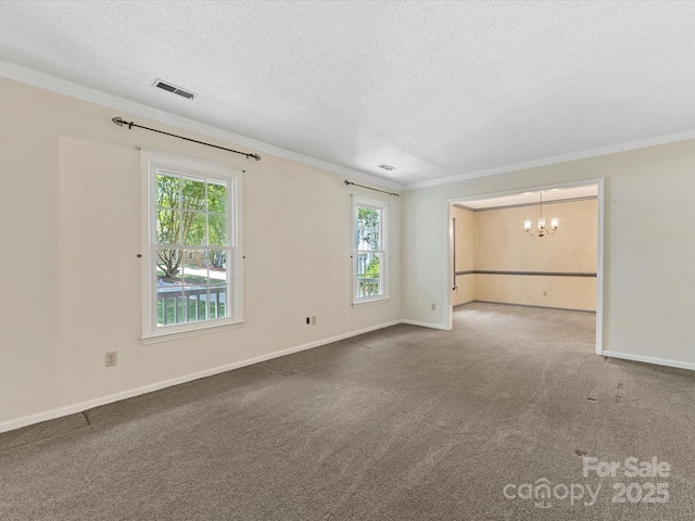 4601 Bournewood Ln, Charlotte, NC 28226 - carpeted spare room with a chandelier, ornamental molding, and a textured ceiling