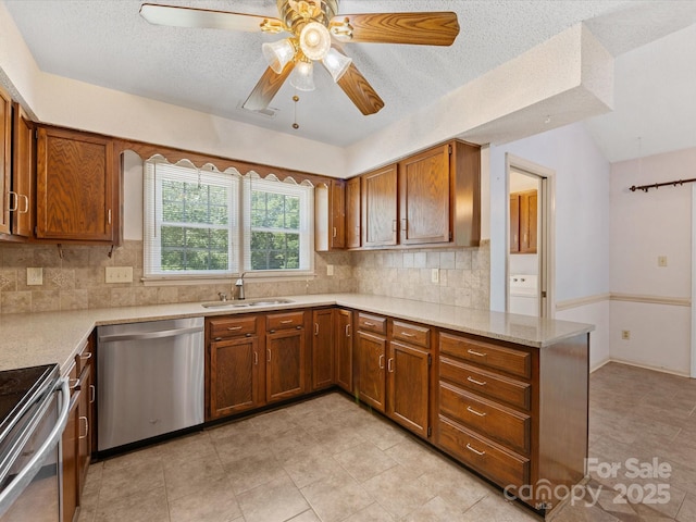 4601 Bournewood Ln, Charlotte, NC 28226 - kitchen featuring stainless steel dishwasher, brown cabinetry, ceiling fan, tasteful backsplash, and a textured ceiling