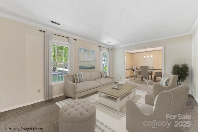 4601 Bournewood Ln, Charlotte, NC 28226 - living area with crown molding, carpet, a textured ceiling, and a chandelier