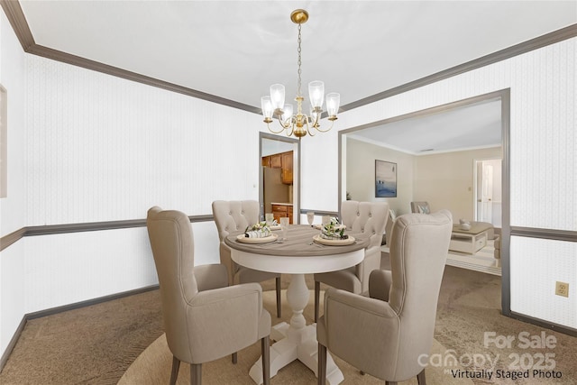 4601 Bournewood Ln, Charlotte, NC 28226 - dining room with crown molding, carpet flooring, a chandelier, and wallpapered walls