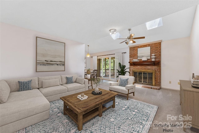 4601 Bournewood Ln, Charlotte, NC 28226 - living room with a skylight, carpet, vaulted ceiling, ceiling fan, and a brick fireplace