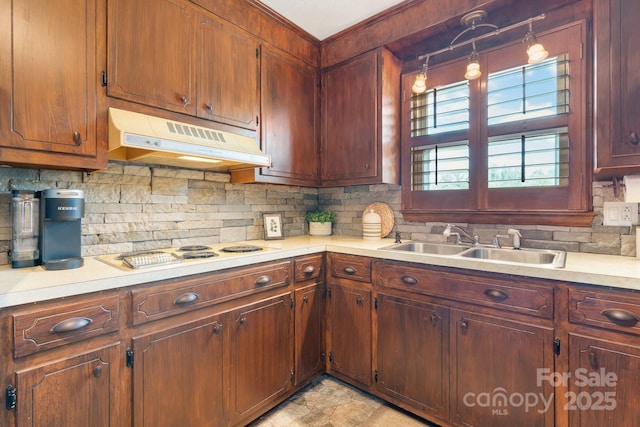 100 Pinecrest Ct, Taylorsville, NC 28681 - kitchen with under cabinet range hood, decorative backsplash, light countertops, and white electric stovetop