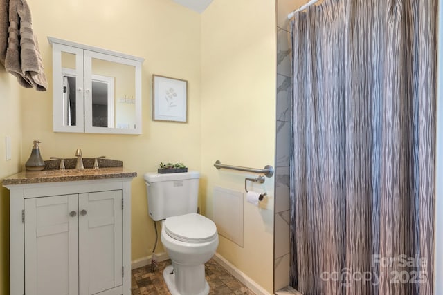 100 Pinecrest Ct, Taylorsville, NC 28681 - bathroom with vanity, a shower with shower curtain, and stone finish floors