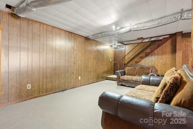 100 Pinecrest Ct, Taylorsville, NC 28681 - carpeted living area featuring wooden walls and stairway