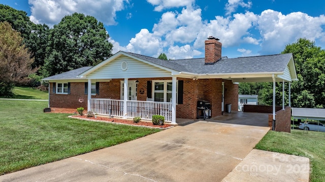 100 Pinecrest Ct, Taylorsville, NC 28681 - ranch-style home with driveway, an attached carport, covered porch, and brick siding