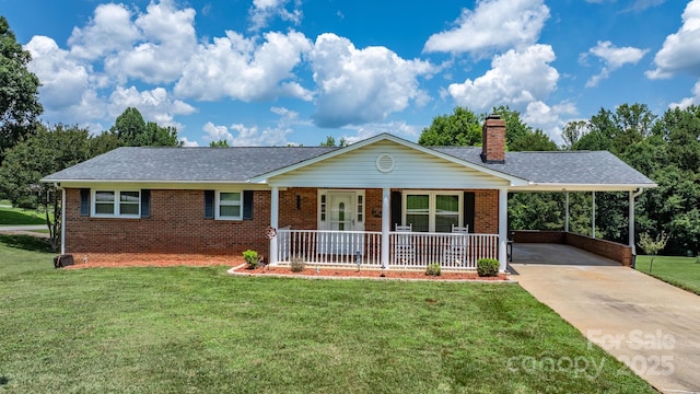 100 Pinecrest Ct, Taylorsville, NC 28681 - ranch-style home with covered porch, concrete driveway, an attached carport, a chimney, and a front yard