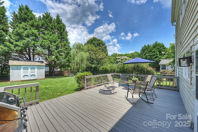 7930 Lancken Dr, Charlotte, NC 28277 - wooden terrace with a yard, a storage unit, and view of wooded area