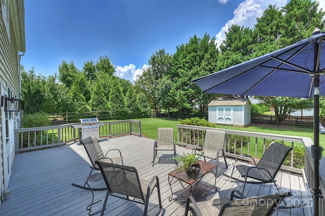7930 Lancken Dr, Charlotte, NC 28277 - wooden terrace featuring a storage shed, a fenced backyard, and grilling area