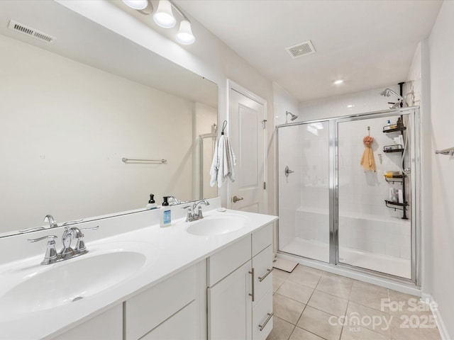 510 Park Meadows Dr, Matthews, NC 28104 - bathroom with tile patterned floors, a shower stall, and double vanity