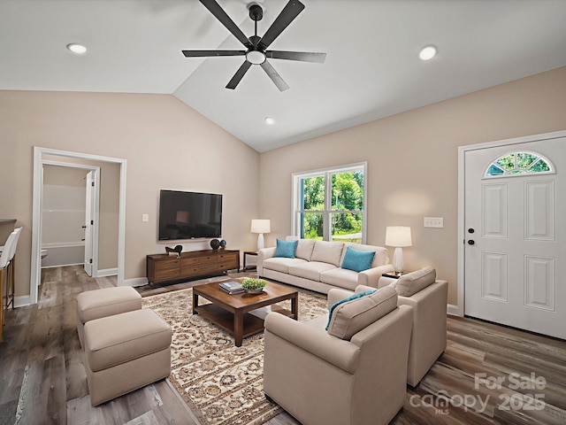 205 S Hill Ave, Albemarle, NC 28001 - living area with a ceiling fan, vaulted ceiling, wood finished floors, and recessed lighting