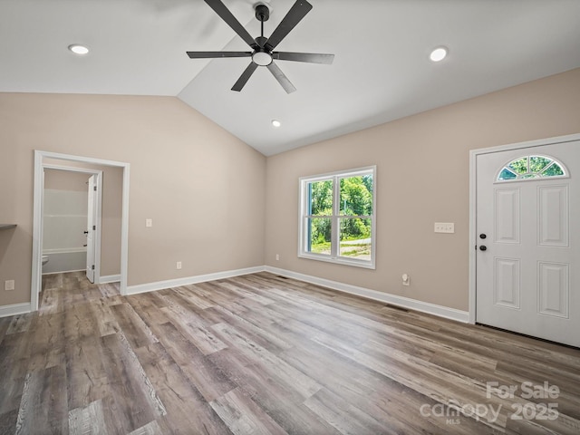 205 S Hill Ave, Albemarle, NC 28001 - entryway featuring a ceiling fan, healthy amount of natural light, lofted ceiling, wood finished floors, and recessed lighting
