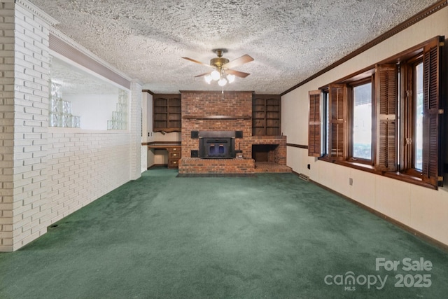 10120 Withers Rd, Charlotte, NC 28278 - unfurnished living room with ornamental molding, ceiling fan, carpet flooring, healthy amount of natural light, and a textured ceiling