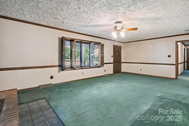 10120 Withers Rd, Charlotte, NC 28278 - carpeted spare room with a ceiling fan, ornamental molding, and a textured ceiling