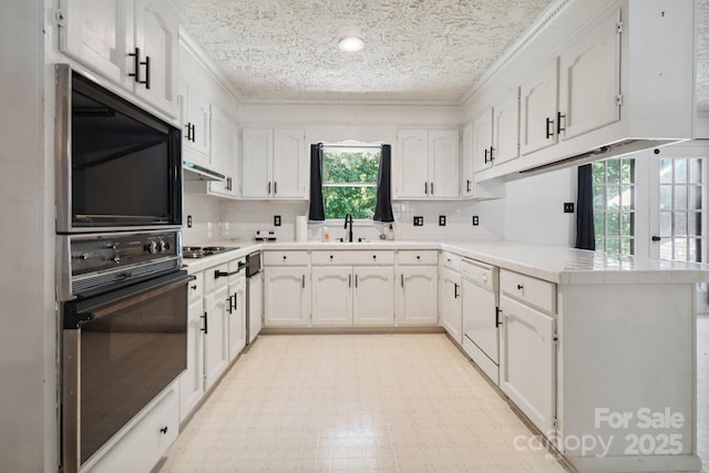 10120 Withers Rd, Charlotte, NC 28278 - kitchen featuring black appliances, a peninsula, white cabinetry, tasteful backsplash, and crown molding