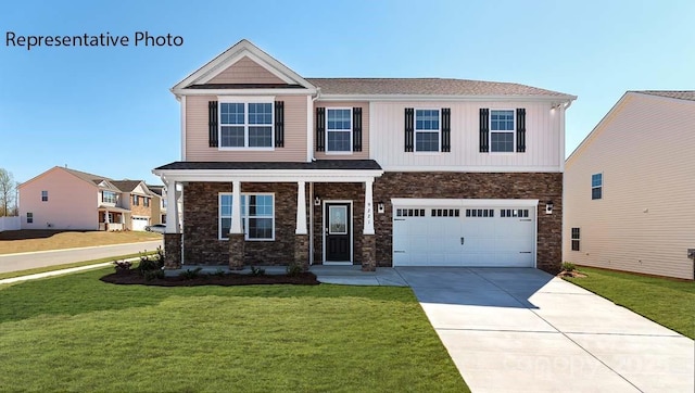 9223 Poquoson Dr, Gastonia, NC 28056 - craftsman house with concrete driveway, a garage, a front lawn, and stone siding