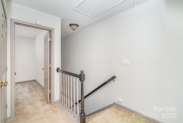 3630 Melrose Cottage Dr, Matthews, NC 28105 - stairs with carpet floors, a textured ceiling, and attic access