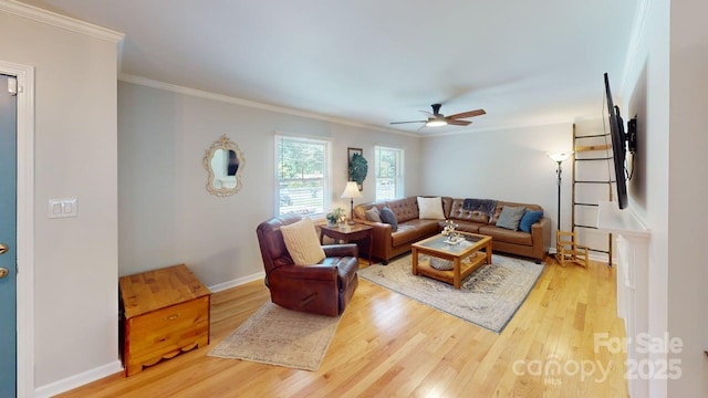 304 Sowers Ferry Rd, Salisbury, NC 28144 - living room featuring ceiling fan, wood finished floors, and crown molding