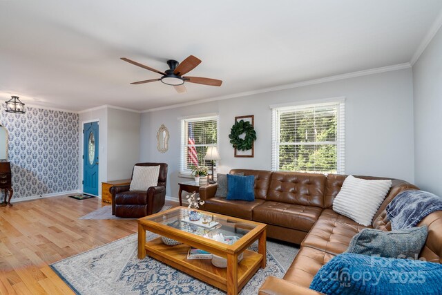 304 Sowers Ferry Rd, Salisbury, NC 28144 - living room featuring wood finished floors, ornamental molding, and ceiling fan