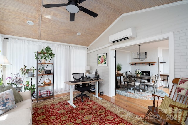 304 Sowers Ferry Rd, Salisbury, NC 28144 - home office featuring a wall mounted air conditioner, vaulted ceiling, wood finished floors, ceiling fan, and plenty of natural light