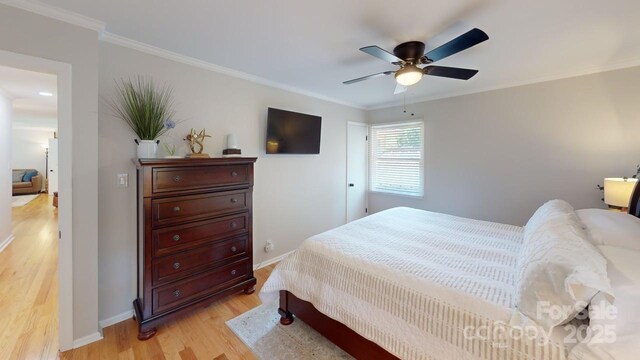 304 Sowers Ferry Rd, Salisbury, NC 28144 - bedroom with light wood-style flooring, ornamental molding, and ceiling fan