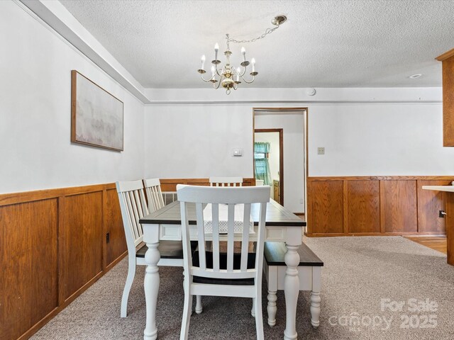2212 Jb Denton Rd, Lancaster, SC 29720 - dining space featuring a textured ceiling, a chandelier, a wainscoted wall, and carpet flooring