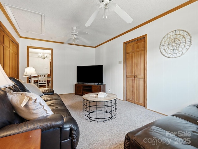 2212 Jb Denton Rd, Lancaster, SC 29720 - carpeted living room featuring lofted ceiling, a ceiling fan, ornamental molding, a textured ceiling, and attic access