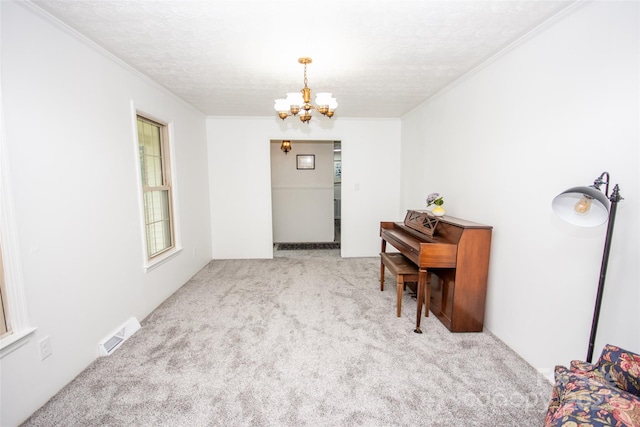224 Mountain View Rd, Statesville, NC 28625 - dining area featuring a chandelier, carpet floors, a textured ceiling, and ornamental molding