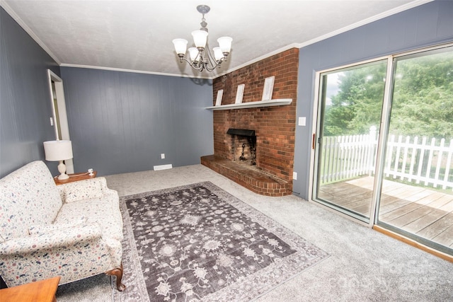 224 Mountain View Rd, Statesville, NC 28625 - living area with carpet flooring, crown molding, a chandelier, and a brick fireplace